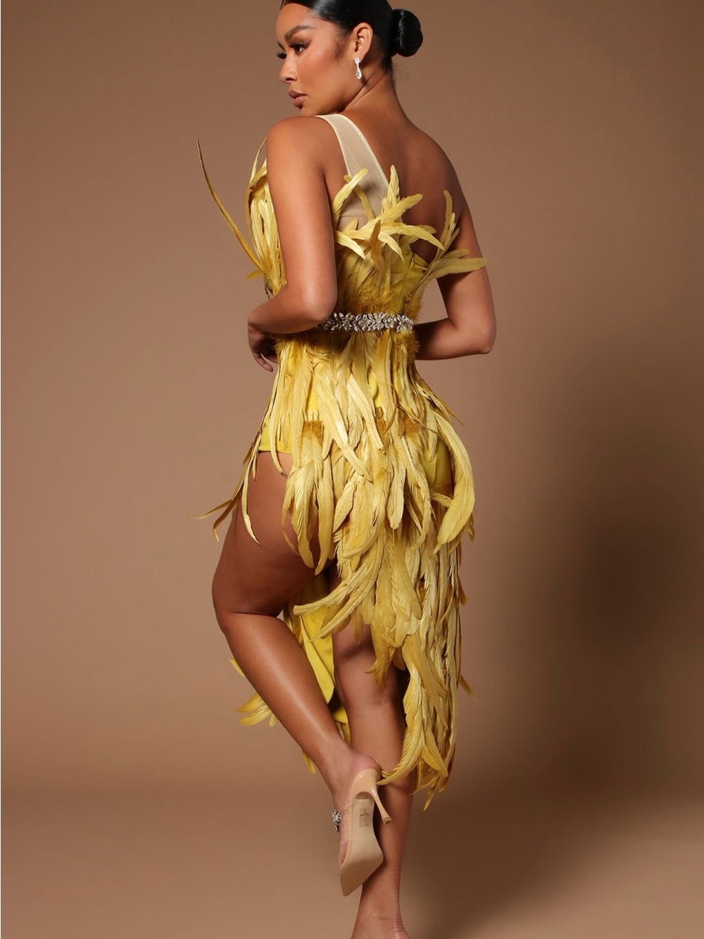 Fashion Nova Chartreuse Feather One-Shoulder Dress with Crystal Waist - Picture 3 of 6